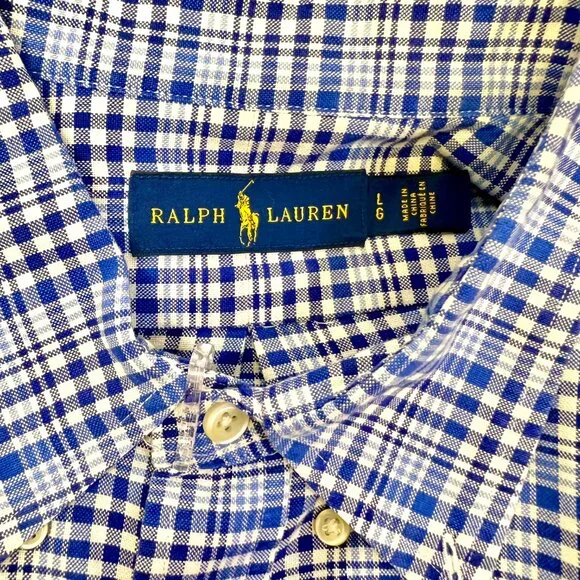 Ralph Lauren Mens Large Navy Blue White Plaid Shirt Long Sleeve Flesh Pony Logo